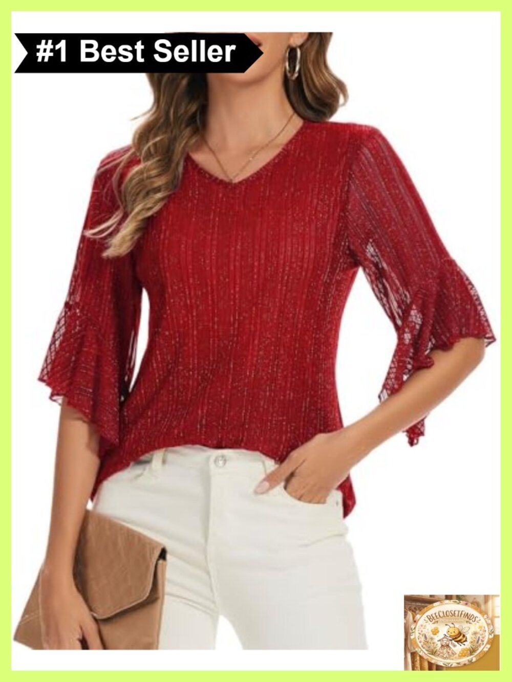 Women's 3/4 Sleeve Sparkly V Neck Blouse Glitter Evening Party Top